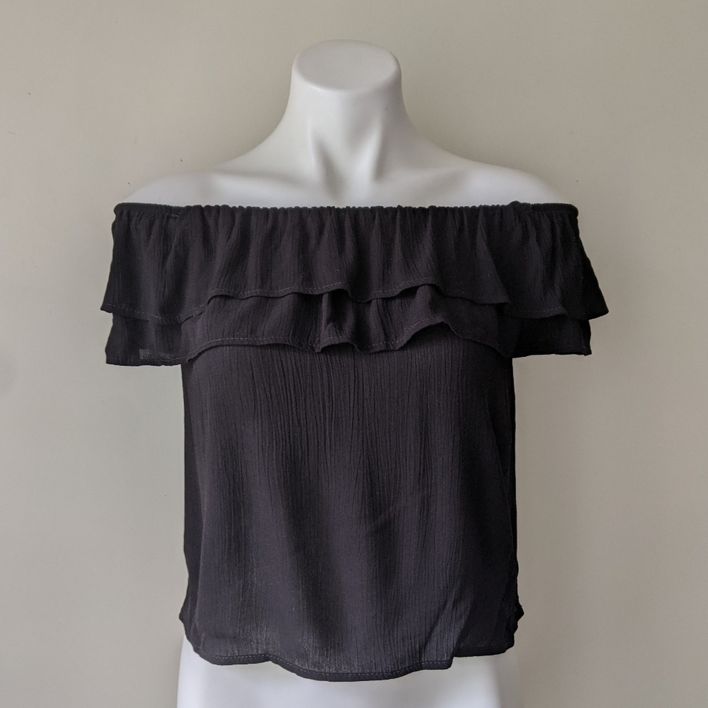 One Clothing Los Angeles Ruffled Off Shoulder Top, Black XS NWT